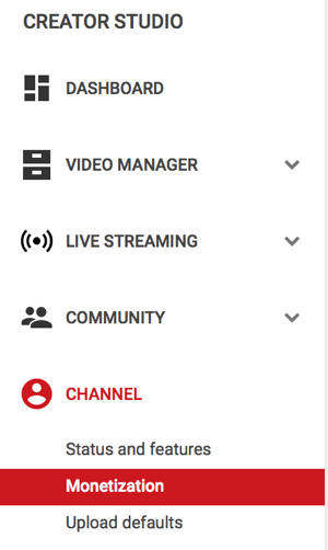 यूट्यूब पर चैनल के तहत मुद्रीकरण मेनू विकल्प