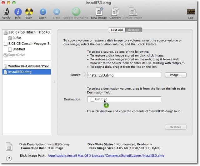 Apple OS X शेर: बूट करने योग्य डिस्क इमेज कैसे बनाएं