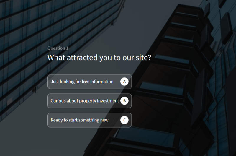 संपत्ति निवेश प्रशिक्षण फर्म साइट पर लीड प्राप्त करने के लिए उपयोग की जाने वाली वेबसाइट क्विज़ का उदाहरण