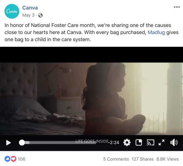 एक गैर-लाभकारी संगठन के साथ फेसबुक पोस्ट का उदाहरण कैनवा से बाहर चिल्लाता है।