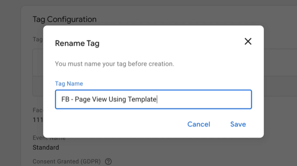नया Google टैग प्रबंधक नया टैग नाम के साथ नए टैग नाम के साथ नया टैग नाम 'fb - पेज व्यू टेम्पलेट का उपयोग कर' के रूप में दर्ज किया गया