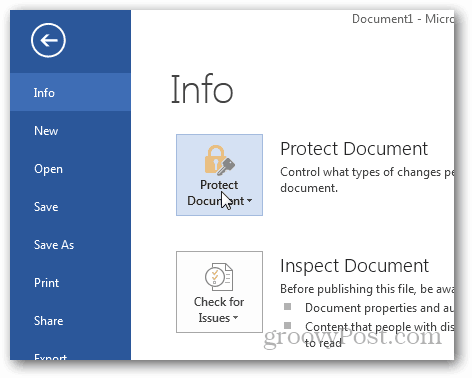 पासवर्ड प्रोटेक्ट और एनक्रिप्ट ऑफिस 2013 डॉक्यूमेंट्स: प्रोटेक्ट डॉक्यूमेंट पर क्लिक करें