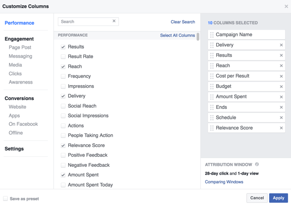 उस डेटा का चयन करें जिसे आप अपने फेसबुक अभियान परिणाम तालिका में देखना चाहते हैं।