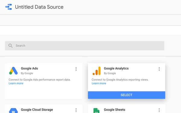 अपने Facebook विज्ञापनों का विश्लेषण करने के लिए Google डेटा स्टूडियो का उपयोग करें, चरण 2, अपने डेटा स्रोत के रूप में Google Analytics का उपयोग करने का विकल्प चुनें