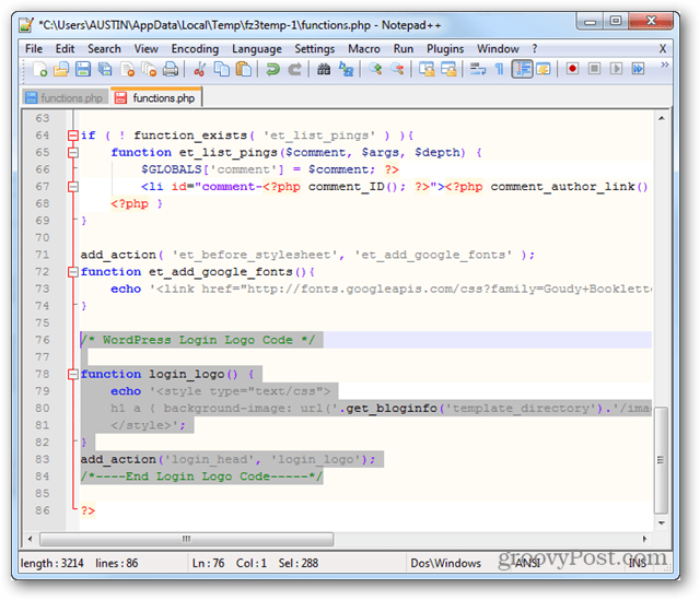 functions.php कस्टम लॉगिन लोगो कोड