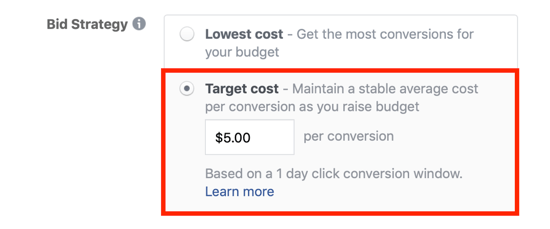 फेसबुक लक्ष्य लागत बोली विकल्प।