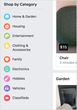 Facebook बाज़ार आपको श्रेणी के आधार पर खरीदारी करने देता है।