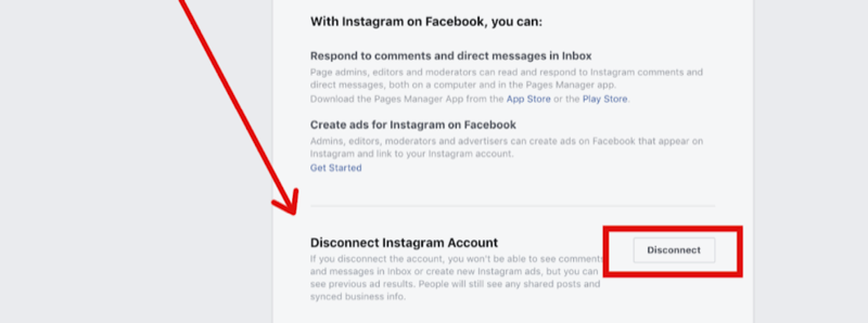 चरण 2 फेसबुक पेज सेटिंग्स में Instagram खाते को डिस्कनेक्ट करने के लिए