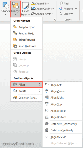 PowerPoint में होम टैब, व्यवस्थित करें, ऑब्जेक्ट संरेखित करें