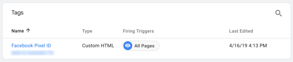 Facebook के साथ Google टैग प्रबंधक का उपयोग करें, चरण 7, अपने फेसबुक पिक्सेल के नाम का टैग देखें