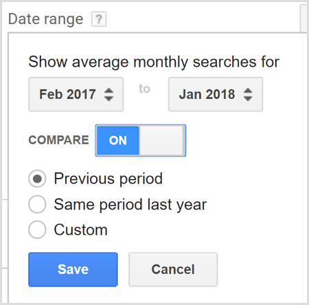 Google AdWords कीवर्ड प्लानर खोज की तुलना तिथि सीमा है