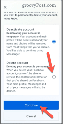 मोबाइल पर फेसबुक अकाउंट डिलीट करना चुनना