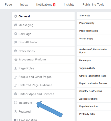अपनी फेसबुक पेज सेटिंग्स में इंस्टाग्राम का चयन करें।