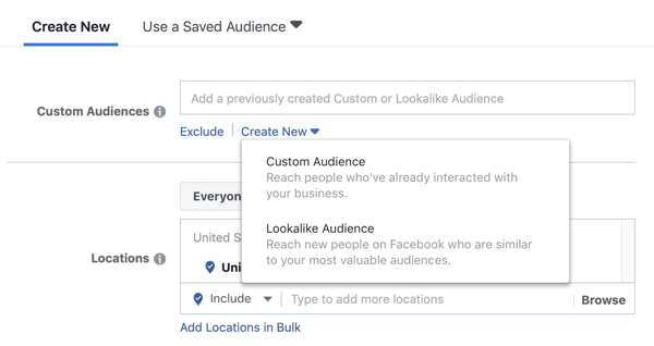 फेसबुक लीड विज्ञापन अभियान के लिए कस्टम ऑडियंस या लुकलाइक ऑडियंस का उपयोग करने के विकल्प।