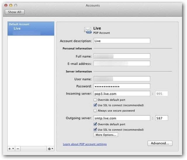Microsoft आउटलुक मैक 2011: POP3 का उपयोग करके विंडोज लाइव मेल सेट करें