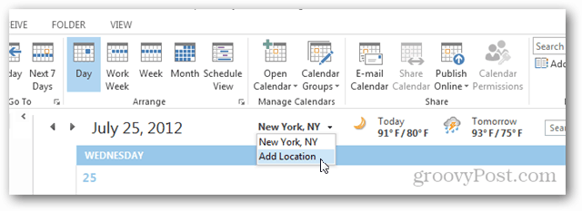 Outlook 2013 कैलेंडर में मौसम के स्थानों को कैसे जोड़ें और निकालें