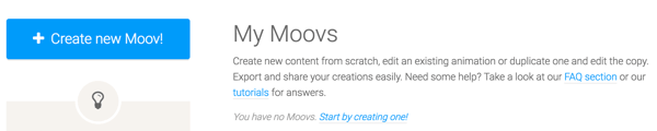 Moovly के साथ आरंभ करने के लिए Create New Moov बटन पर क्लिक करें।