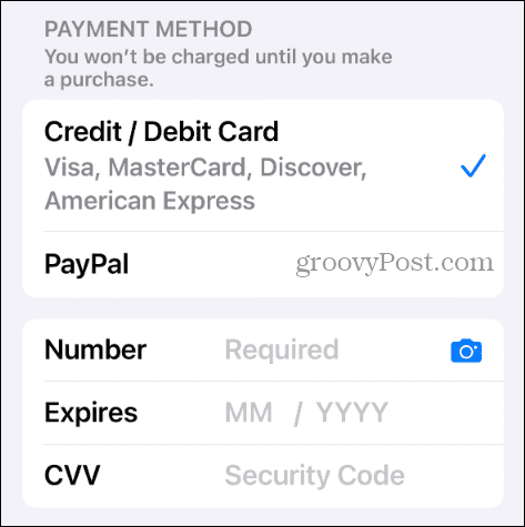 भुगतान विधि ऐप्पल खाता जोड़ें