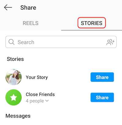 इंस्टाग्राम पोस्टिंग स्क्रीन के स्क्रीनशॉट में रीलों को आपकी कहानी या करीबी दोस्तों की सूची में साझा करने की अनुमति देने वाली कहानियों को दिखाया गया है