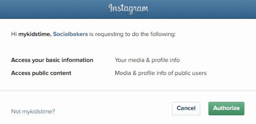 अपने Instagram खाते की जानकारी तक पहुंचने के लिए Socialbakers को अधिकृत करें।