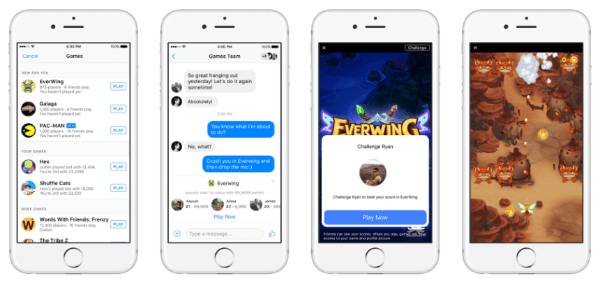 फेसबुक ने मोबाइल और वेब दोनों के लिए मैसेंजर और फेसबुक न्यूज फीड पर इंस्टैंट गेम्स, एक नया एचटीएमएल 5 क्रॉस-प्लेटफॉर्म गेमिंग अनुभव शुरू किया।