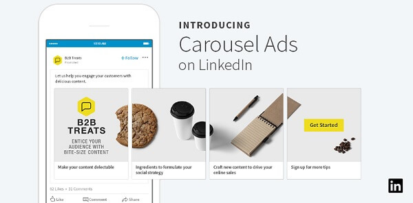 लिंक्डइन ने प्रायोजित सामग्री के लिए नए हिंडोला विज्ञापनों को रोल आउट किया है जिसमें 10 अनुकूलित, स्वाइप करने योग्य कार्ड शामिल हो सकते हैं।