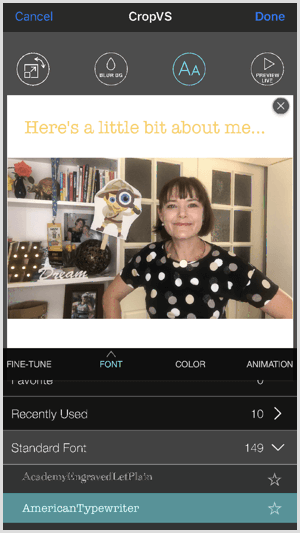 CropVS में एक अलग फ़ॉन्ट का चयन करने के लिए फ़ॉन्ट टैप करें।