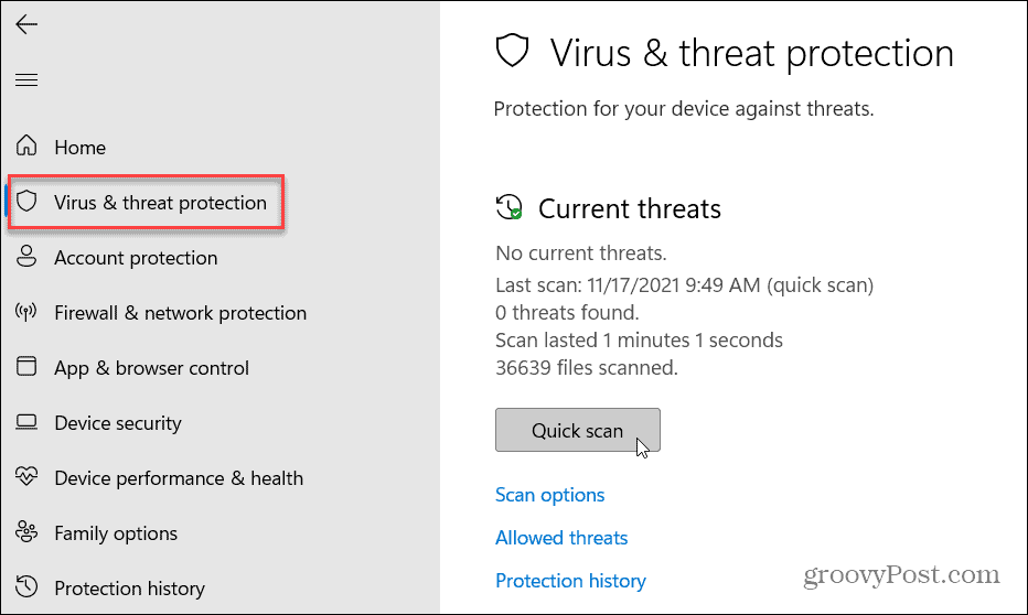 वायरस और खतरे से सुरक्षा विंडोज 11