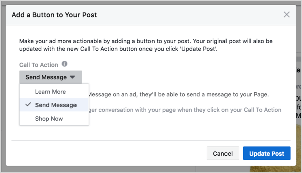 विज्ञापन निर्माण में फेसबुक मैसेंजर बटन चयन।