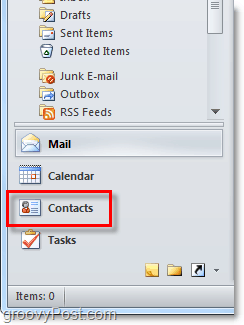 Outlook 2010 में संपर्क सूची पर पहुँचें