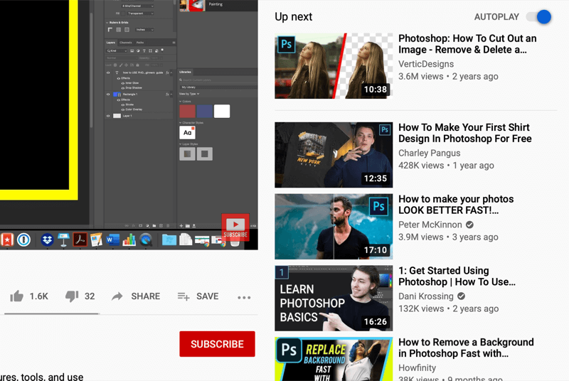 यूट्यूब वीडियो वॉच स्क्रीन स्क्रीन के दाईं ओर ऑटोप्ले वीडियो दिखाती है, जो देखते हैं उसके आधार पर यूट्यूब द्वारा अनुशंसित है