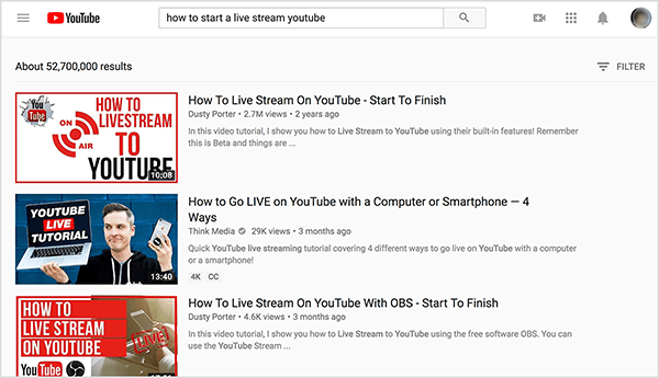 "लाइव स्ट्रीम YouTube कैसे शुरू करें" के लिए YouTube खोजें और शीर्ष खोज परिणाम डस्टी पोर्टर द्वारा दो वीडियो दिखाते हैं।