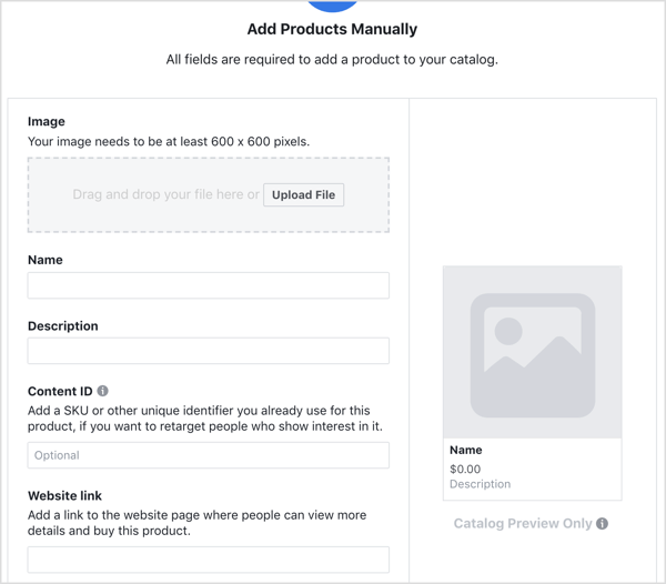 अपने फेसबुक कैटलॉग में उत्पाद जोड़ने के लिए विवरण दर्ज करें।