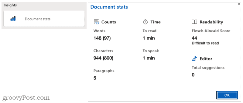 Microsoft संपादक दस्तावेज़ आँकड़े