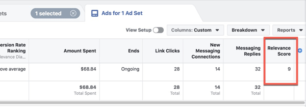 फेसबुक विज्ञापन प्रबंधक में प्रासंगिकता स्कोर देखना।