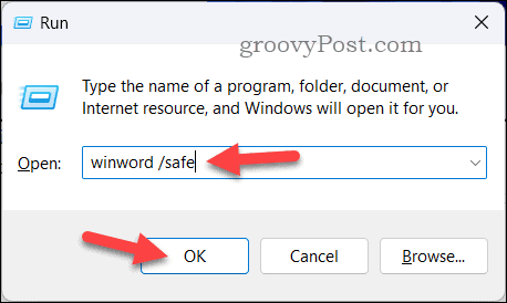 रन बॉक्स का उपयोग करके वर्ड को सेफ मोड में खोलें