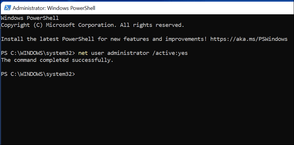 Windows 11 पर व्यवस्थापक खाते को सक्षम करने का आदेश