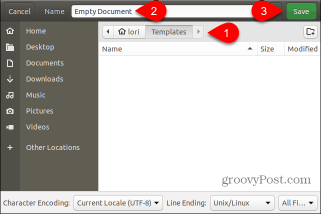 Ubuntu में टेम्प्लेट फ़ोल्डर में खाली दस्तावेज़ टेम्पलेट फ़ाइल सहेजें