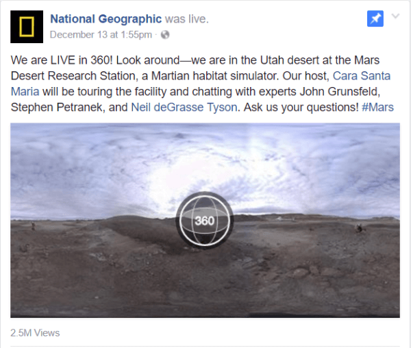 फेसबुक ने यूटा में मार्स डेजर्ट रिसर्च स्टेशन की सुविधा से नेशनल ज्योग्राफिक रिपोर्ट के साथ इस सप्ताह लाइव 360 वीडियो लॉन्च किया।
