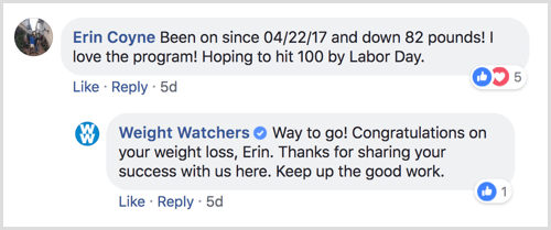 उपयोगकर्ता टिप्पणी के लिए फेसबुक पेज प्रतिक्रिया का उदाहरण