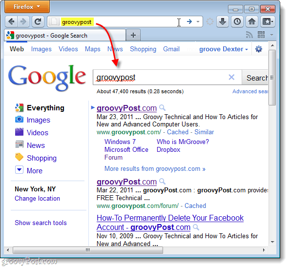 फ़ायरफ़ॉक्स 4 में डिफ़ॉल्ट रूप से Google खोजें