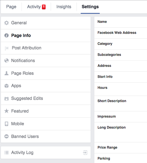 फेसबुक पेज जानकारी सेटिंग्स टैब
