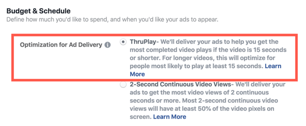 वीडियो विज्ञापनों के लिए फेसबुक थ्रूप्ले ऑप्टिमाइज़ेशन, चरण 2।