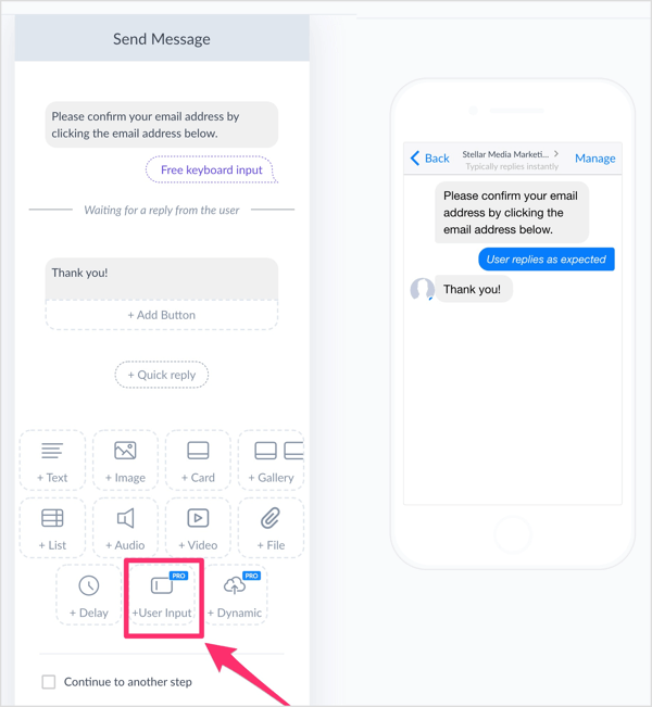 अपने ManyChat प्रवाह में एक उपयोगकर्ता इनपुट जोड़ें।