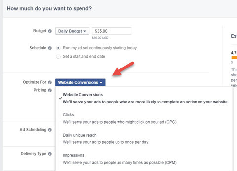 फेसबुक विज्ञापन रूपांतरण अनुकूलन चयन