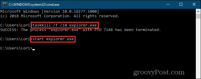 Explorer.exe प्रक्रिया को मारें और इसे विंडोज 10 में कमांड लाइन पर पुनरारंभ करें