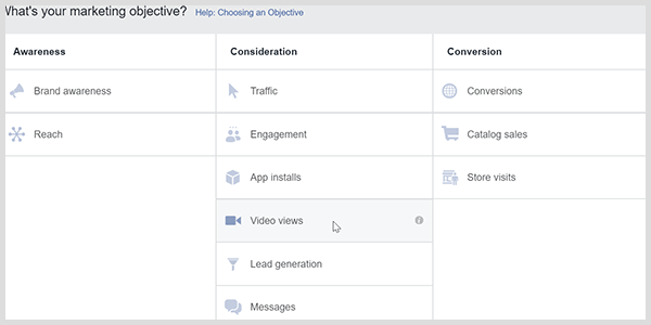 फेसबुक विज्ञापन प्रबंधक के पास एक वीडियो दृश्य उद्देश्य है जो फेसबुक को वीडियो देखने वाले लोगों को लक्षित करने के लिए प्रेरित करता है।