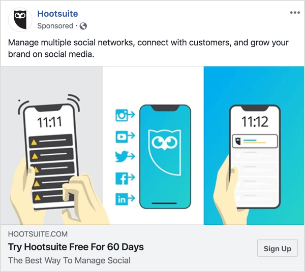 Hootsuite Facebook विज्ञापन में संदेश स्पष्ट-कट और संक्षिप्त है। 