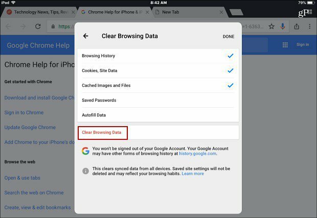 ब्राउजिंग डेटा क्रोम एप आईओएस को साफ करें