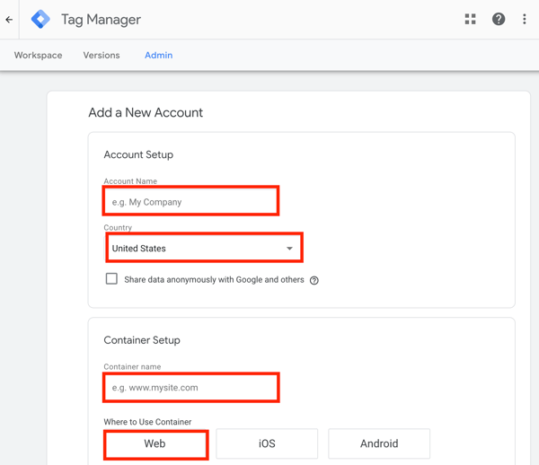 फेसबुक के साथ Google टैग प्रबंधक का उपयोग करें, चरण 1, एक नया Google टैग प्रबंधक खाता जोड़ने के लिए सेटिंग